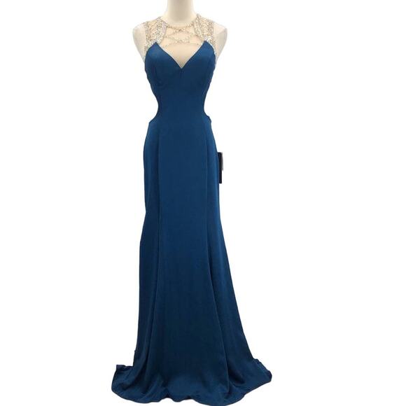 ASPEED SZ S teal silver backless hand beaded cutout mermaid maxi gown NWT B164 - Picture 3 of 12